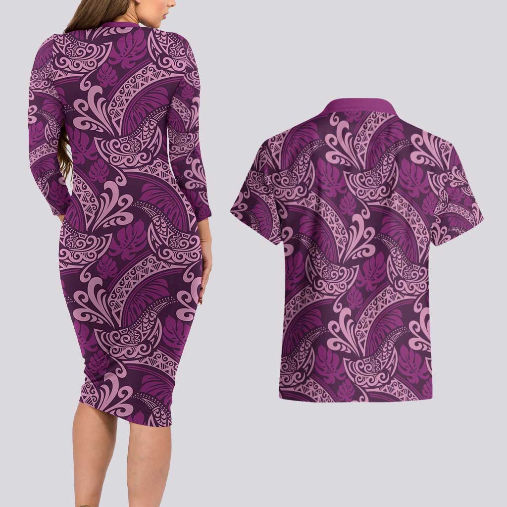 Royal Purple Monstera Couples Matching Long Sleeve Bodycon Dress and Hawaiian Shirt Polynesian Tribal Pattern - Polynesian Pride