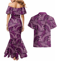 Royal Purple Monstera Couples Matching Mermaid Dress and Hawaiian Shirt Polynesian Tribal Pattern - Polynesian Pride