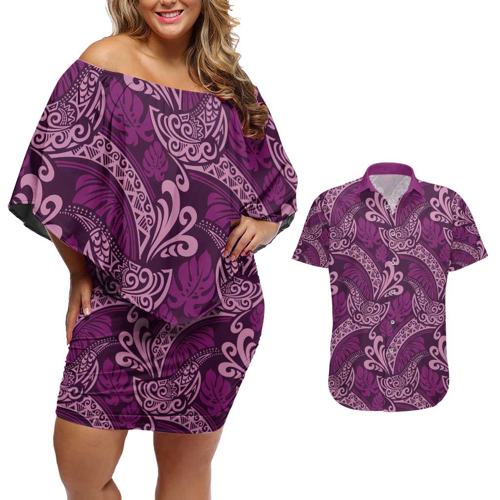 Royal Purple Monstera Couples Matching Off Shoulder Short Dress and Hawaiian Shirt Polynesian Tribal Pattern - Polynesian Pride