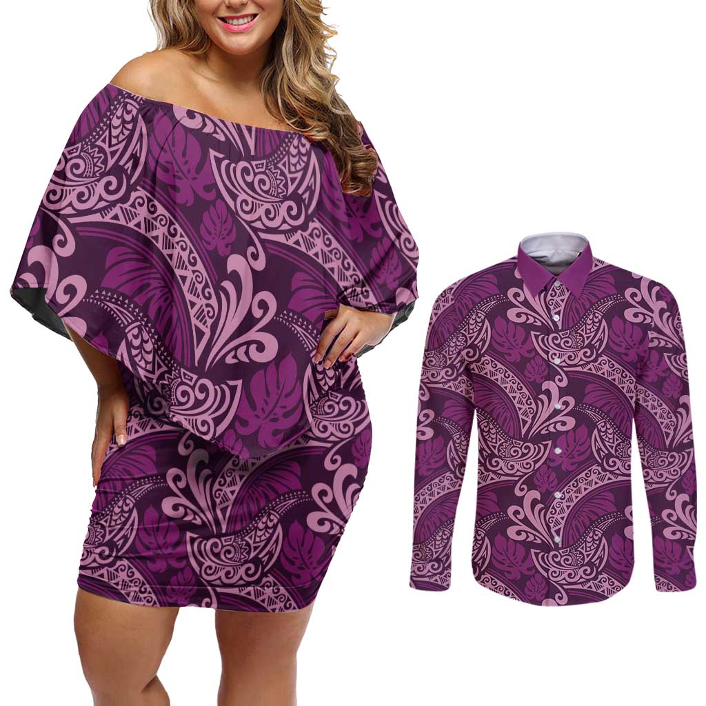 Royal Purple Monstera Couples Matching Off Shoulder Short Dress and Long Sleeve Button Shirt Polynesian Tribal Pattern LT01 Purple - Polynesian Pride