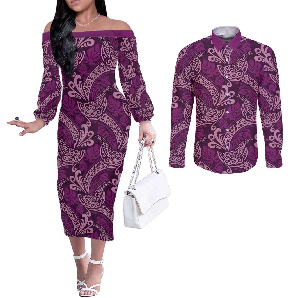 Royal Purple Monstera Couples Matching Off The Shoulder Long Sleeve Dress and Long Sleeve Button Shirt Polynesian Tribal Pattern LT01 Purple - Polynesian Pride