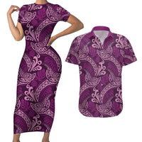 Royal Purple Monstera Couples Matching Short Sleeve Bodycon Dress and Hawaiian Shirt Polynesian Tribal Pattern - Polynesian Pride