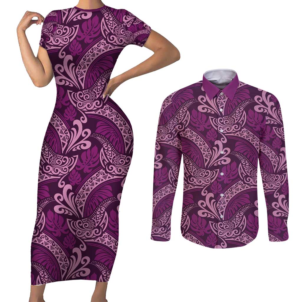 Royal Purple Monstera Couples Matching Short Sleeve Bodycon Dress and Long Sleeve Button Shirt Polynesian Tribal Pattern LT01 Purple - Polynesian Pride
