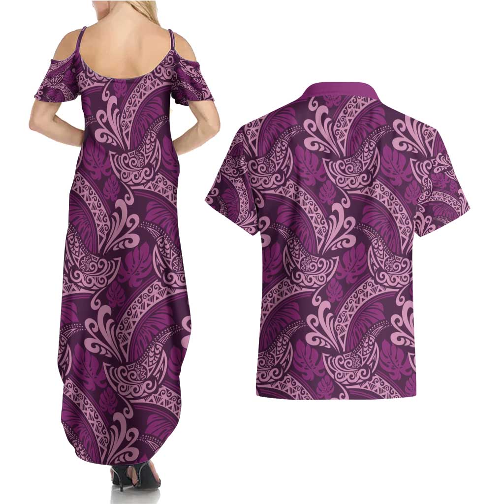 Royal Purple Monstera Couples Matching Summer Maxi Dress and Hawaiian Shirt Polynesian Tribal Pattern - Polynesian Pride