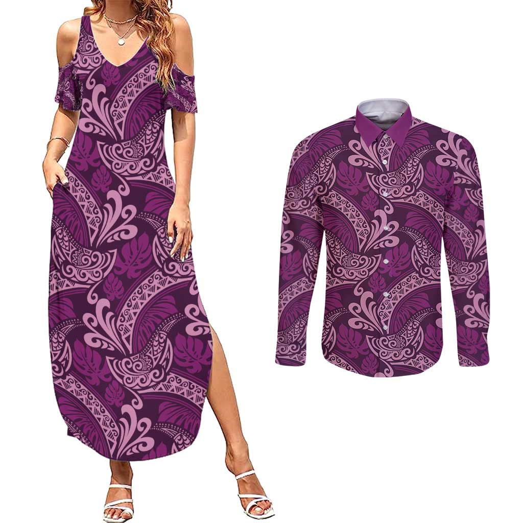 Royal Purple Monstera Couples Matching Summer Maxi Dress and Long Sleeve Button Shirt Polynesian Tribal Pattern LT01 Purple - Polynesian Pride