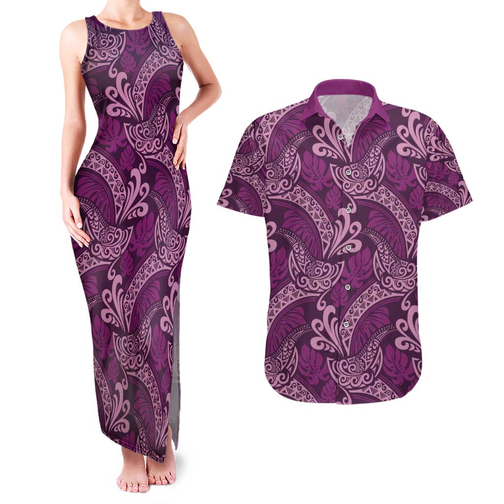 Royal Purple Monstera Couples Matching Tank Maxi Dress and Hawaiian Shirt Polynesian Tribal Pattern LT01 Purple - Polynesian Pride