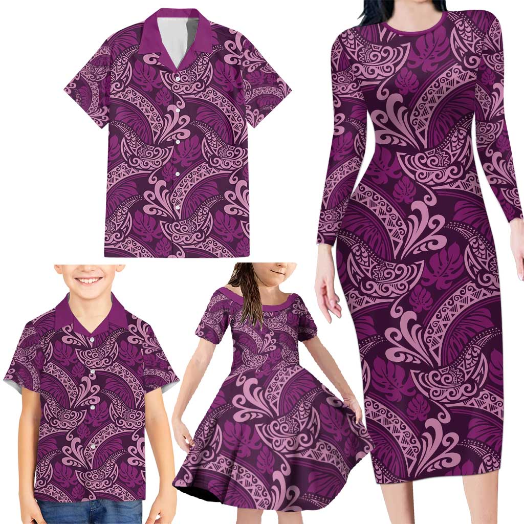 Royal Purple Monstera Family Matching Long Sleeve Bodycon Dress and Hawaiian Shirt Polynesian Tribal Pattern - Polynesian Pride