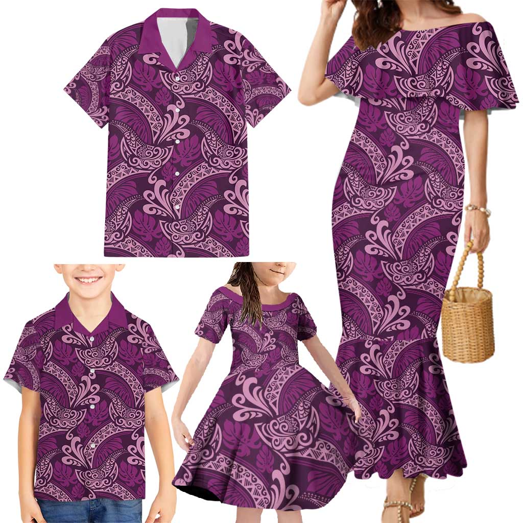 Royal Purple Monstera Family Matching Mermaid Dress and Hawaiian Shirt Polynesian Tribal Pattern LT01 - Polynesian Pride