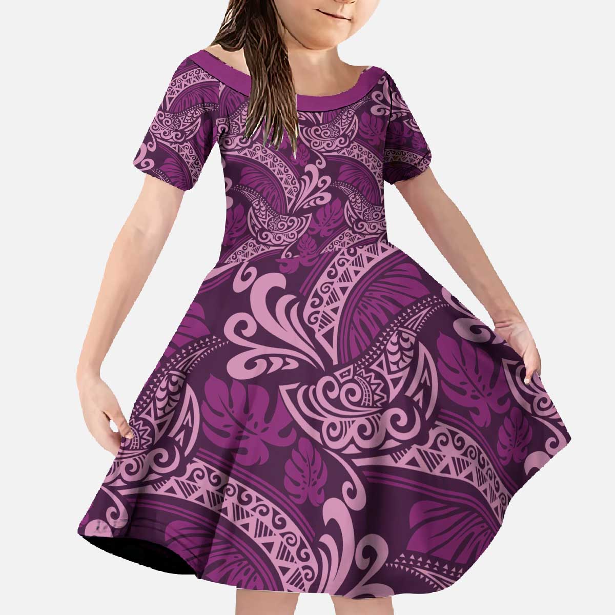 Royal Purple Monstera Family Matching Off The Shoulder Long Sleeve Dress and Hawaiian Shirt Polynesian Tribal Pattern - Polynesian Pride