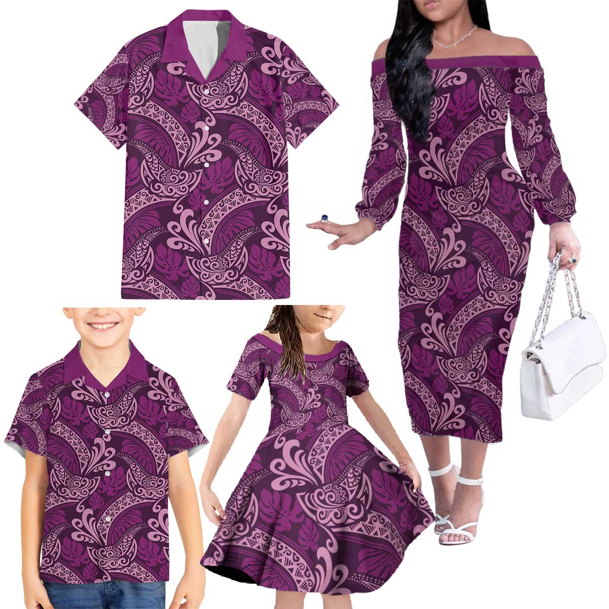 Royal Purple Monstera Family Matching Off The Shoulder Long Sleeve Dress and Hawaiian Shirt Polynesian Tribal Pattern LT01 - Polynesian Pride
