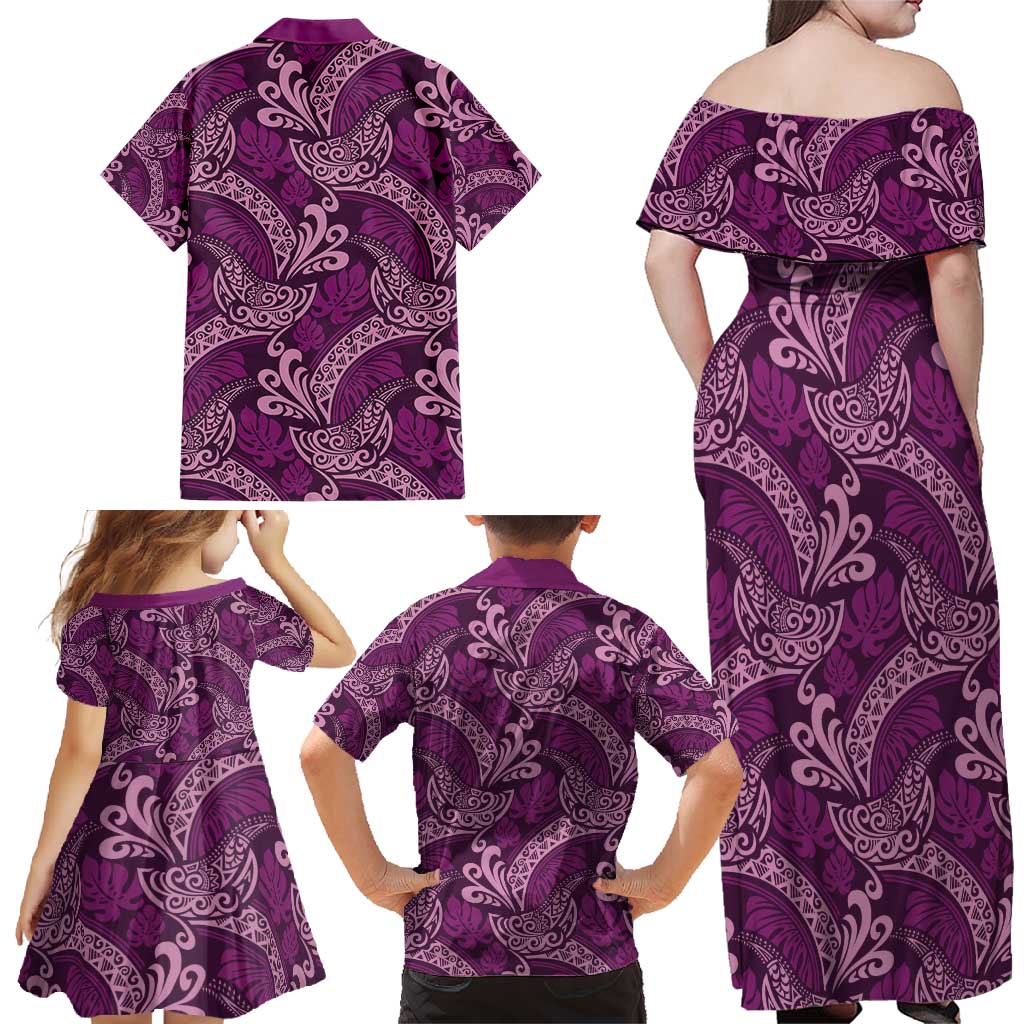 Royal Purple Monstera Family Matching Off Shoulder Maxi Dress and Hawaiian Shirt Polynesian Tribal Pattern - Polynesian Pride