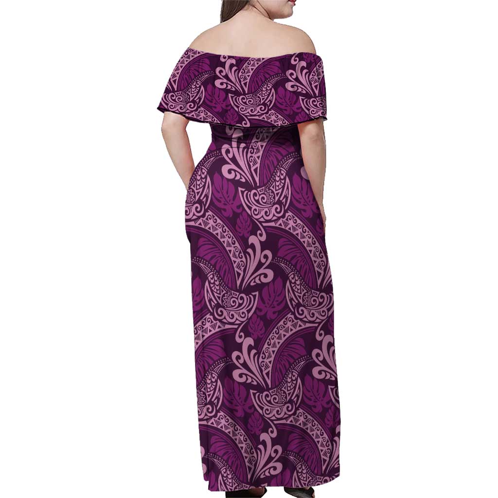 Royal Purple Monstera Family Matching Off Shoulder Maxi Dress and Hawaiian Shirt Polynesian Tribal Pattern - Polynesian Pride