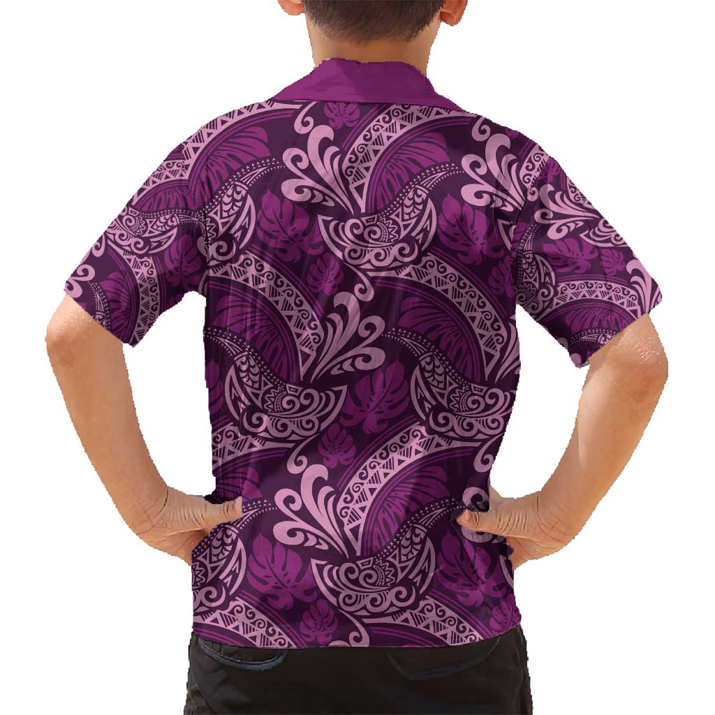 Royal Purple Monstera Family Matching Off Shoulder Short Dress and Hawaiian Shirt Polynesian Tribal Pattern - Polynesian Pride
