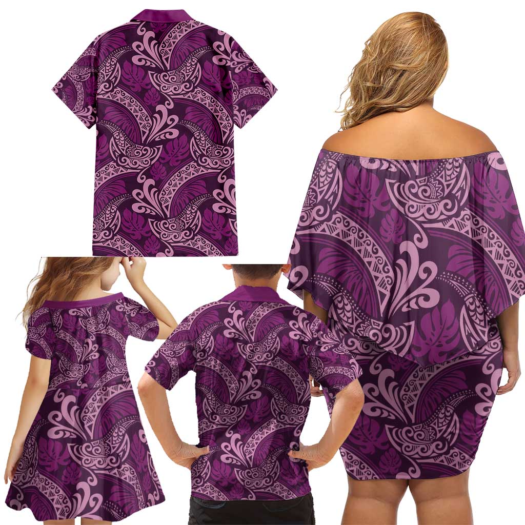 Royal Purple Monstera Family Matching Off Shoulder Short Dress and Hawaiian Shirt Polynesian Tribal Pattern - Polynesian Pride