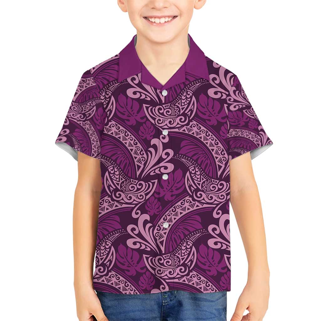 Royal Purple Monstera Family Matching Off Shoulder Short Dress and Hawaiian Shirt Polynesian Tribal Pattern - Polynesian Pride