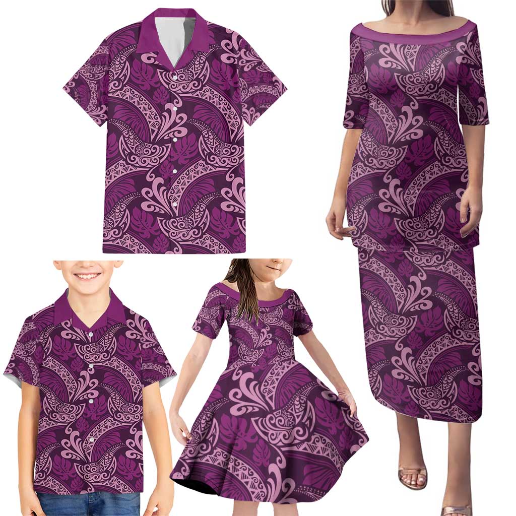 Royal Purple Monstera Family Matching Puletasi and Hawaiian Shirt Polynesian Tribal Pattern LT01 - Polynesian Pride