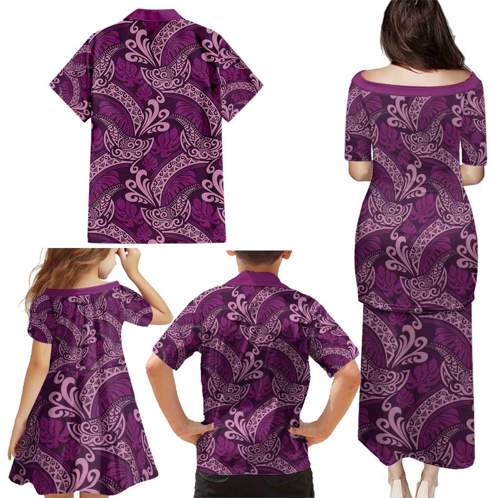 Royal Purple Monstera Family Matching Puletasi and Hawaiian Shirt Polynesian Tribal Pattern - Polynesian Pride