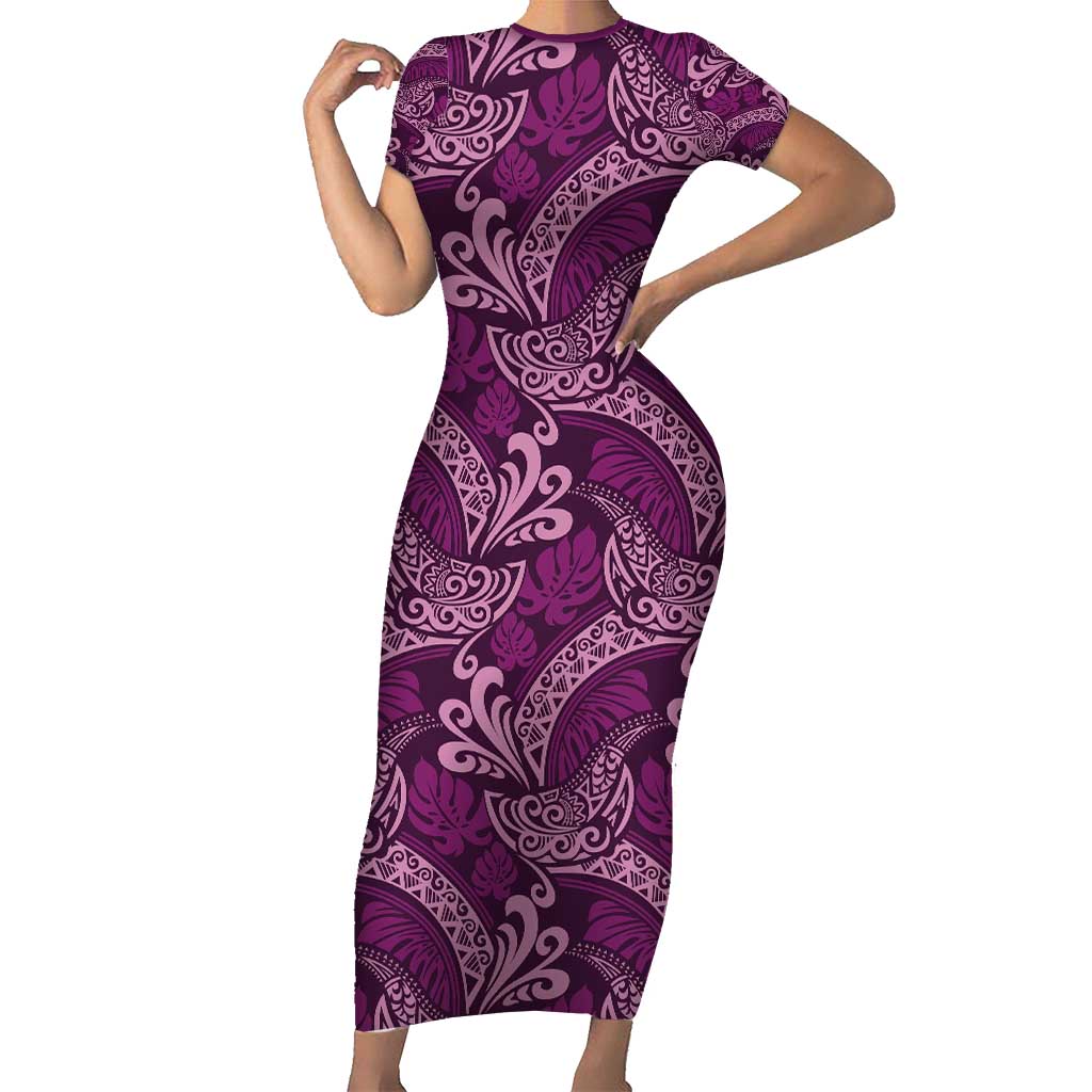 Royal Purple Monstera Family Matching Short Sleeve Bodycon Dress and Hawaiian Shirt Polynesian Tribal Pattern - Polynesian Pride