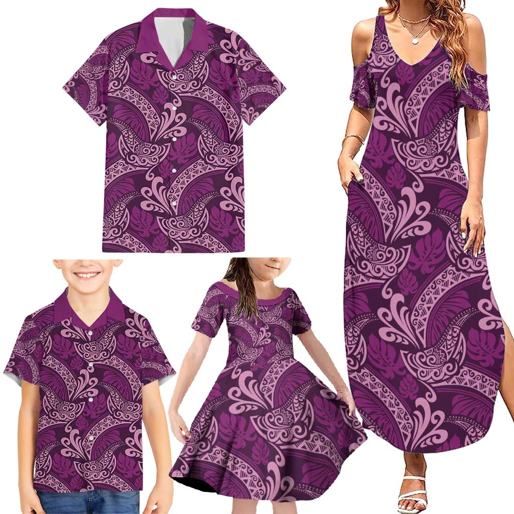 Royal Purple Monstera Family Matching Summer Maxi Dress and Hawaiian Shirt Polynesian Tribal Pattern LT01 - Polynesian Pride