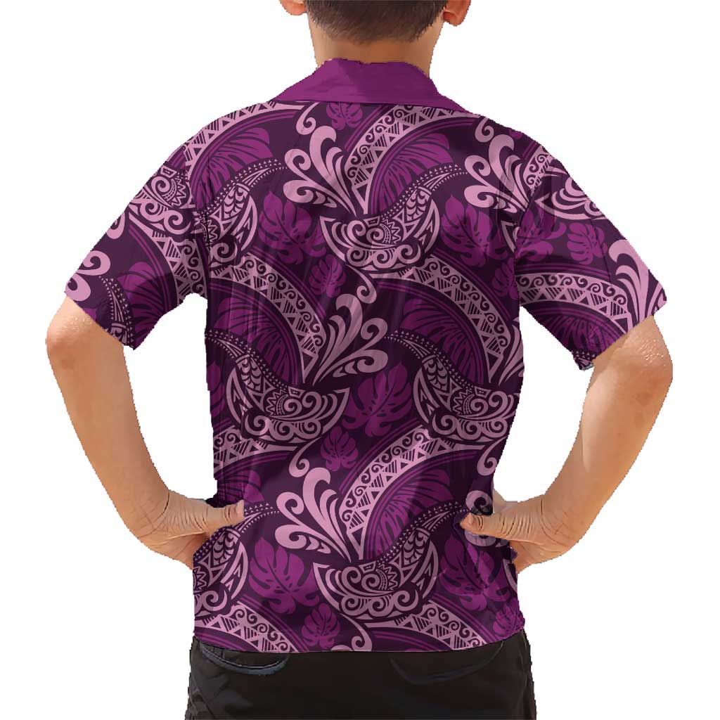Royal Purple Monstera Kid Hawaiian Shirt Polynesian Tribal Pattern - Polynesian Pride