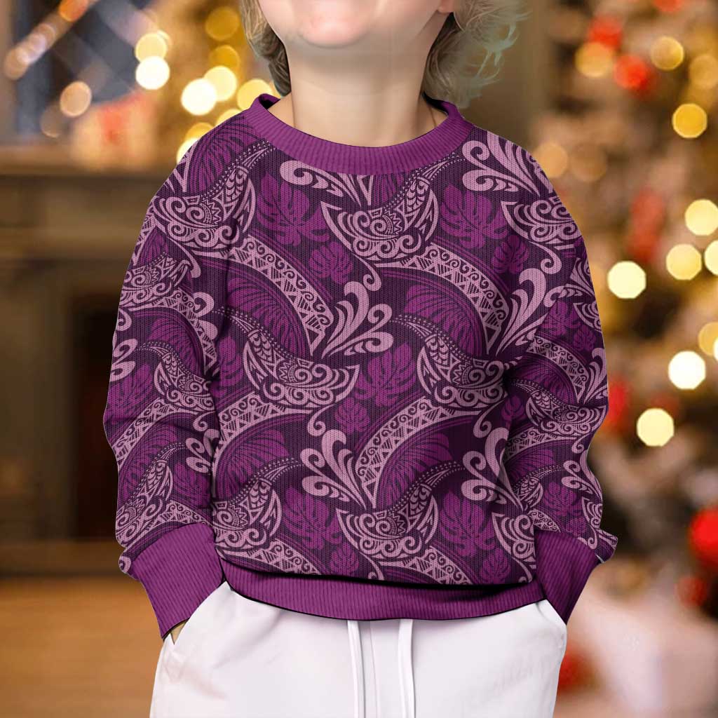 Royal Purple Monstera Kid Ugly Christmas Sweater Polynesian Tribal Pattern - Polynesian Pride