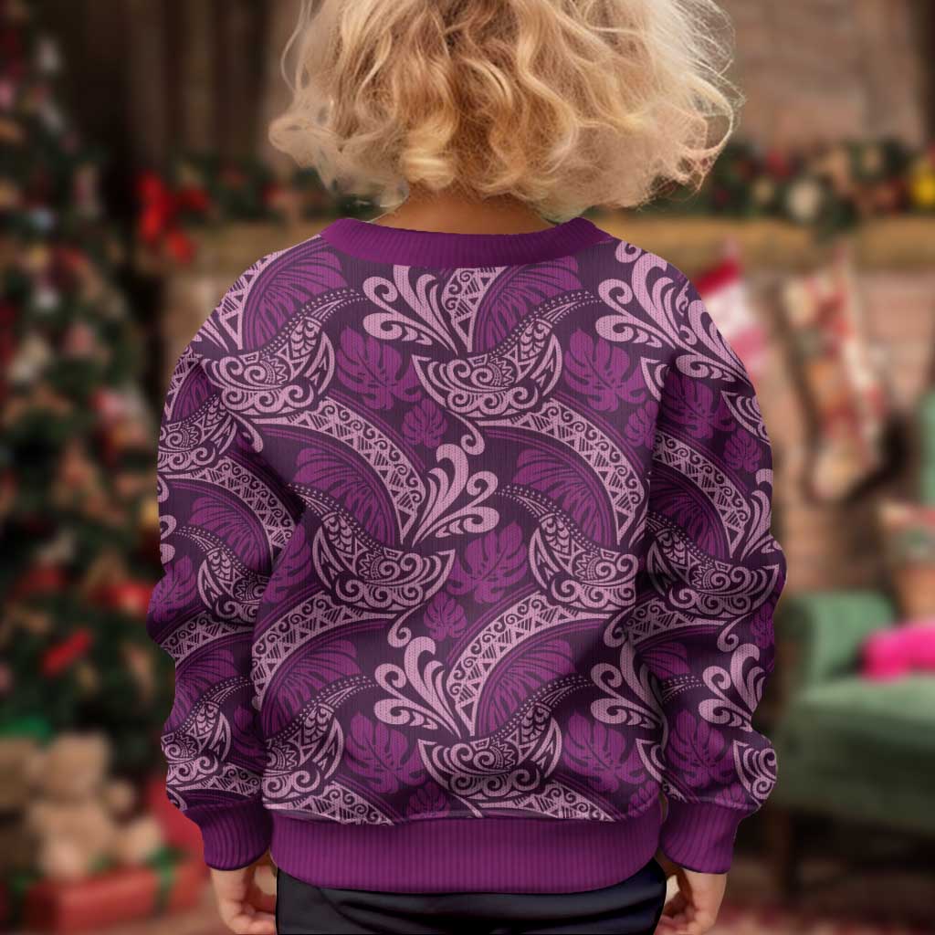 Royal Purple Monstera Kid Ugly Christmas Sweater Polynesian Tribal Pattern - Polynesian Pride