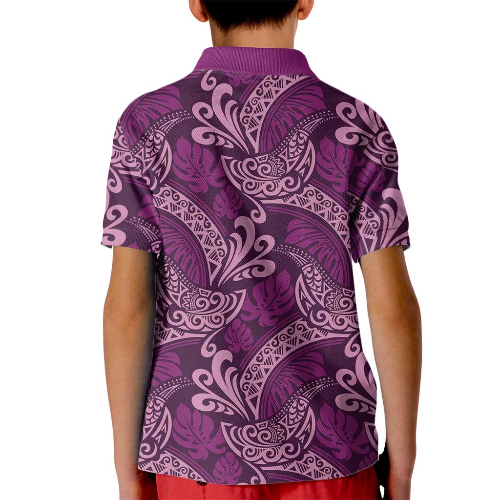 Royal Purple Monstera Kid Polo Shirt Polynesian Tribal Pattern - Polynesian Pride
