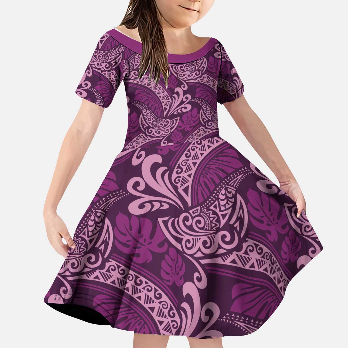 Royal Purple Monstera Kid Short Sleeve Dress Polynesian Tribal Pattern - Polynesian Pride