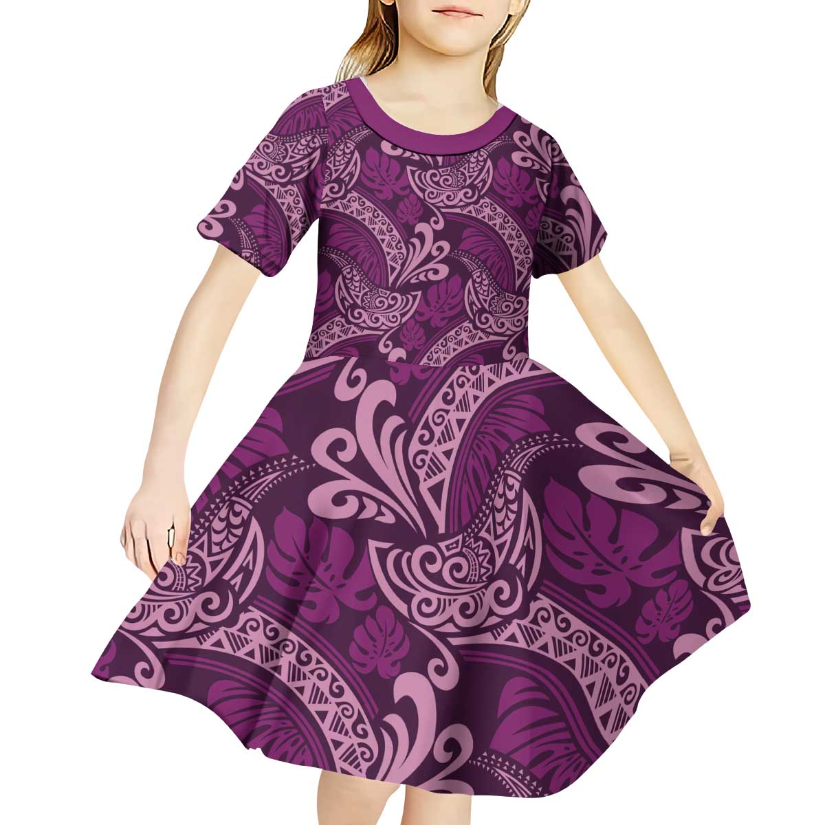 Royal Purple Monstera Kid Short Sleeve Dress Polynesian Tribal Pattern - Polynesian Pride