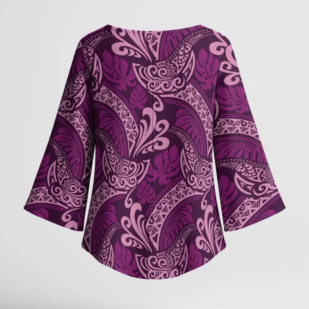 Royal Purple Monstera Kimono Sleeve Blouse Polynesian Tribal Pattern - Polynesian Pride