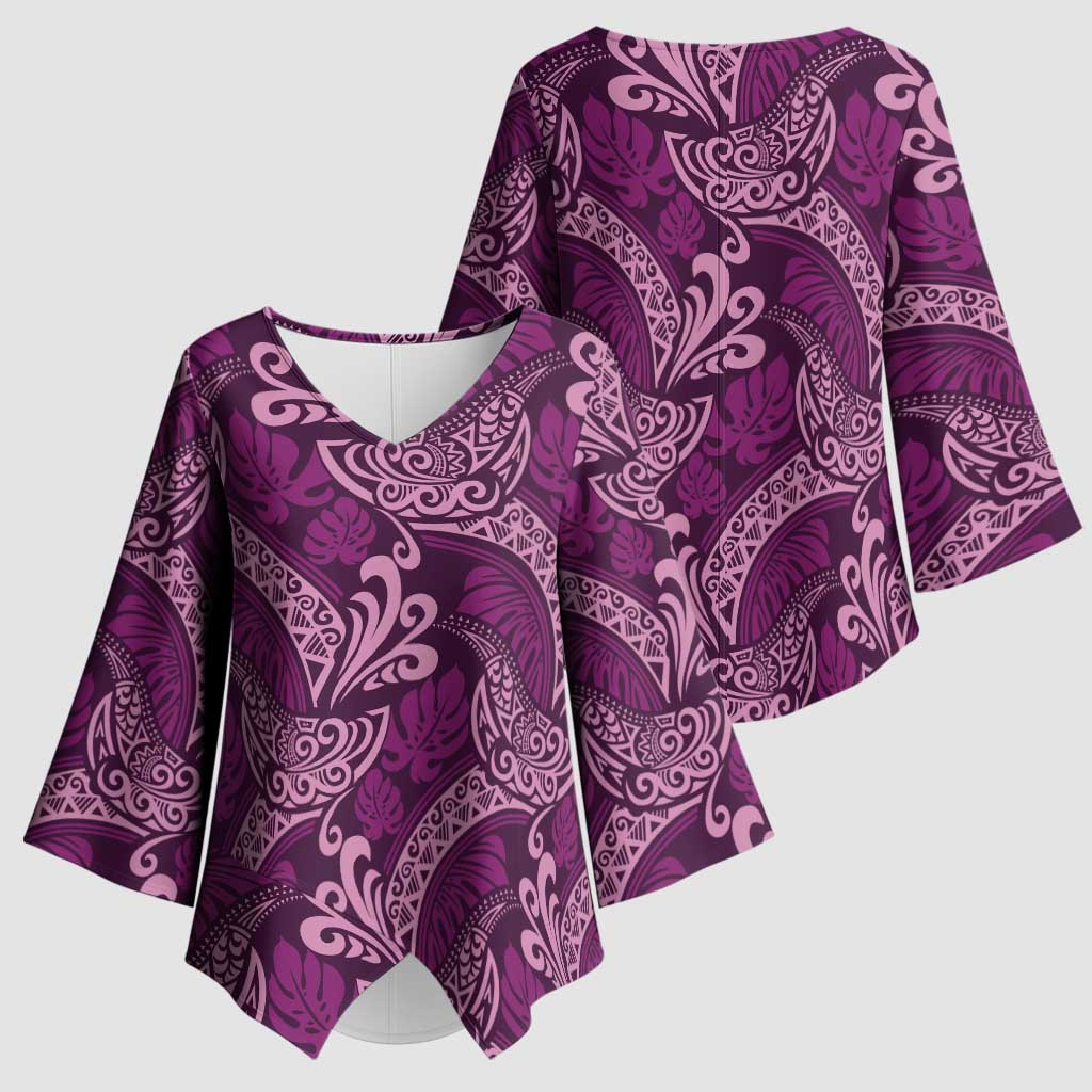 Royal Purple Monstera Kimono Sleeve Blouse Polynesian Tribal Pattern - Polynesian Pride