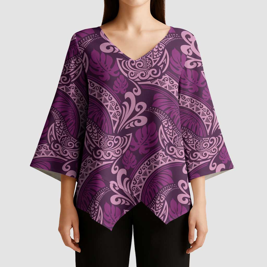Royal Purple Monstera Kimono Sleeve Blouse Polynesian Tribal Pattern - Polynesian Pride