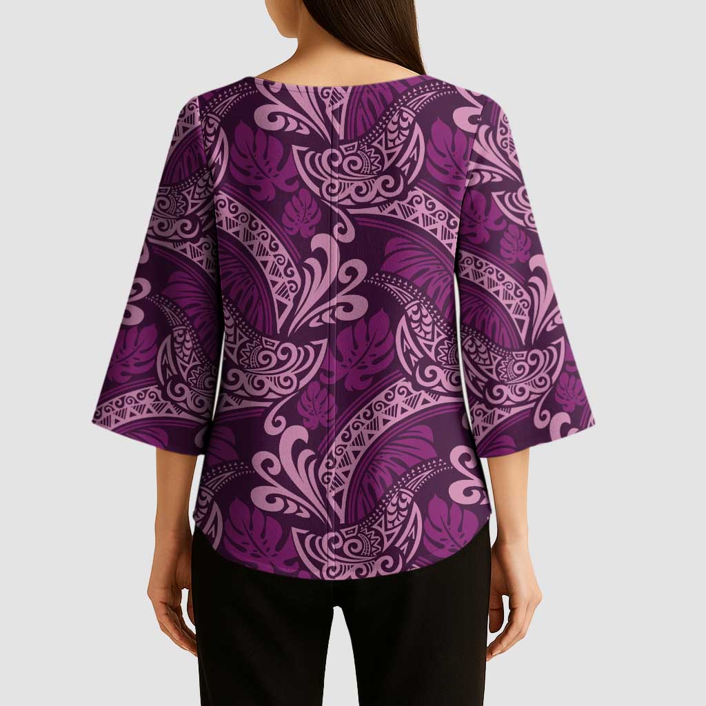 Royal Purple Monstera Kimono Sleeve Blouse Polynesian Tribal Pattern - Polynesian Pride