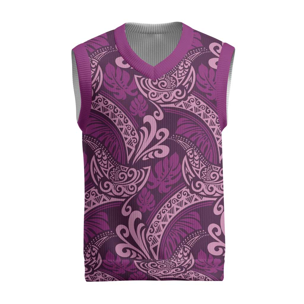 Royal Purple Monstera Christmas Knitted V-Neck Vest Polynesian Tribal Pattern - Polynesian Pride