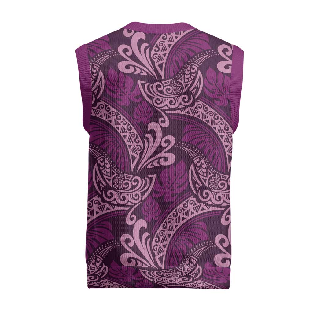 Royal Purple Monstera Christmas Knitted V-Neck Vest Polynesian Tribal Pattern - Polynesian Pride