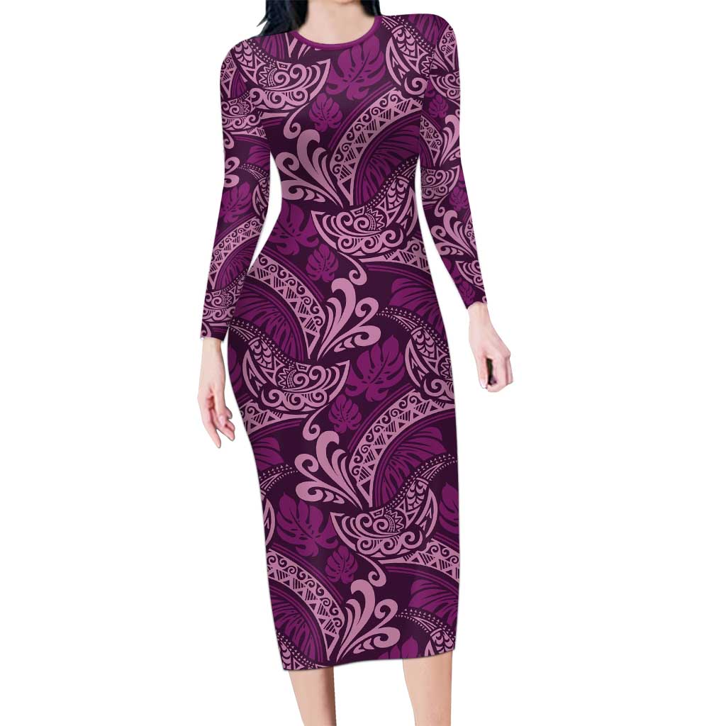 Royal Purple Monstera Long Sleeve Bodycon Dress Polynesian Tribal Pattern LT01 Long Dress Purple - Polynesian Pride