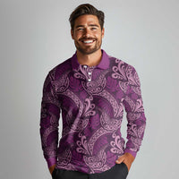 Royal Purple Monstera Long Sleeve Polo Shirt Polynesian Tribal Pattern - Polynesian Pride