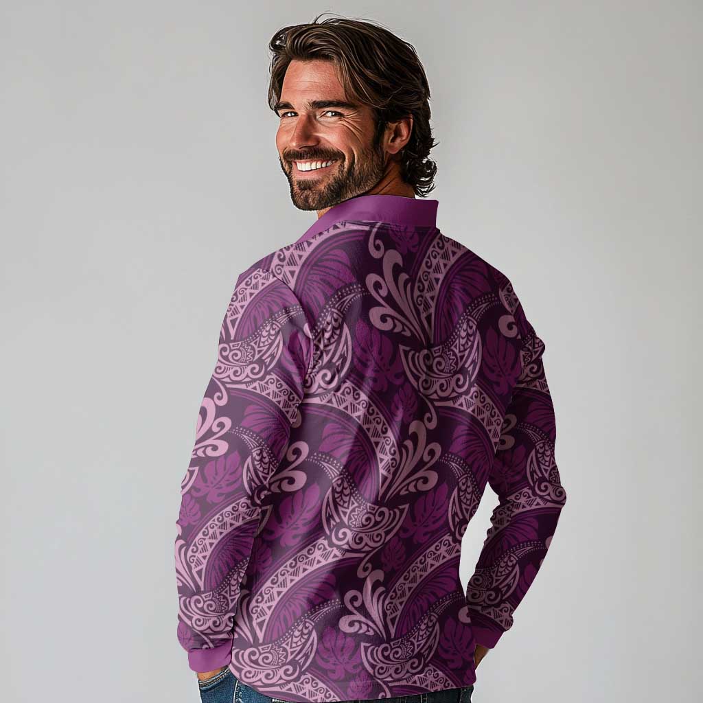 Royal Purple Monstera Long Sleeve Polo Shirt Polynesian Tribal Pattern - Polynesian Pride
