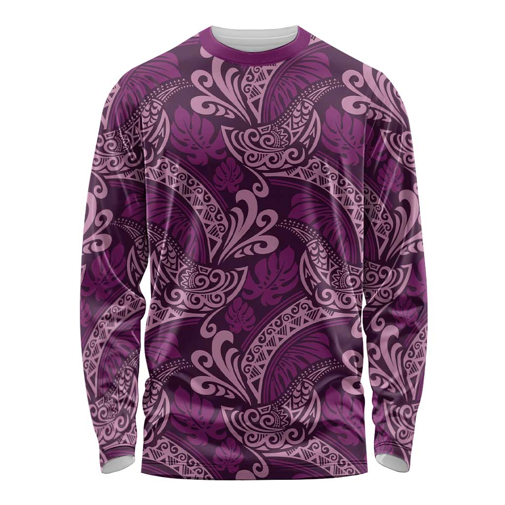 Royal Purple Monstera Long Sleeve Shirt Polynesian Tribal Pattern - Polynesian Pride