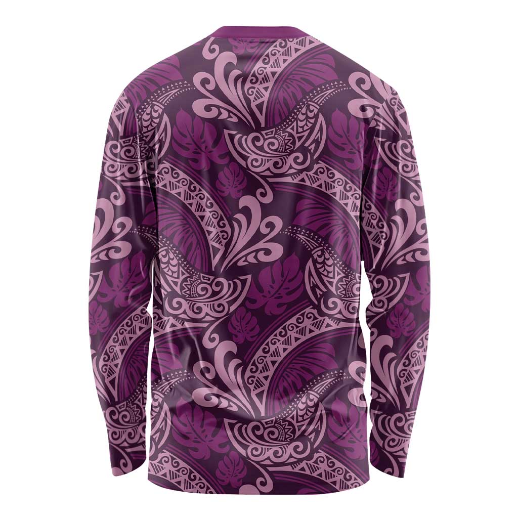 Royal Purple Monstera Long Sleeve Shirt Polynesian Tribal Pattern - Polynesian Pride