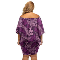 Royal Purple Monstera Off Shoulder Short Dress Polynesian Tribal Pattern - Polynesian Pride