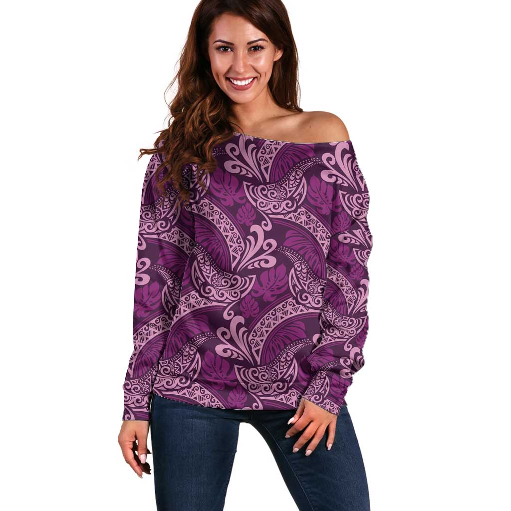 Royal Purple Monstera Off Shoulder Sweater Polynesian Tribal Pattern LT01 Women Purple - Polynesian Pride