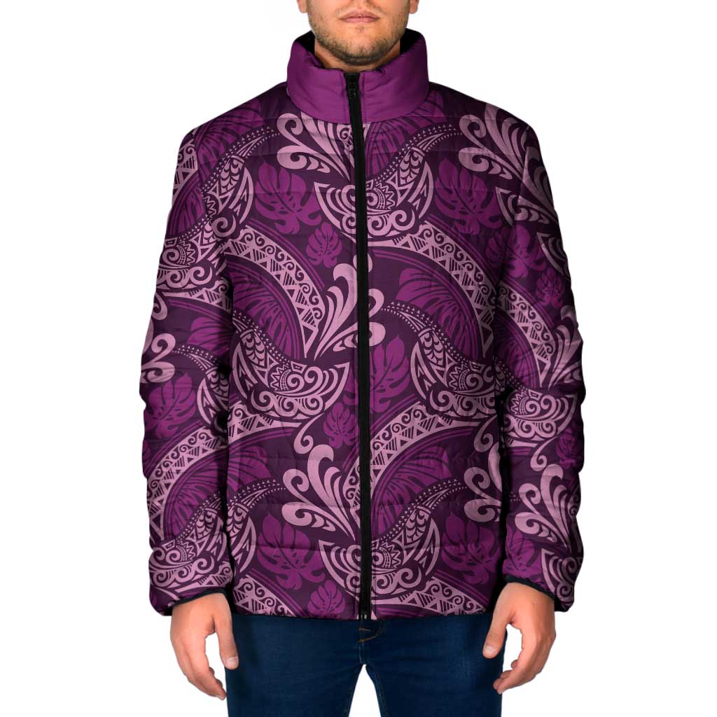 Royal Purple Monstera Padded Jacket Polynesian Tribal Pattern - Polynesian Pride