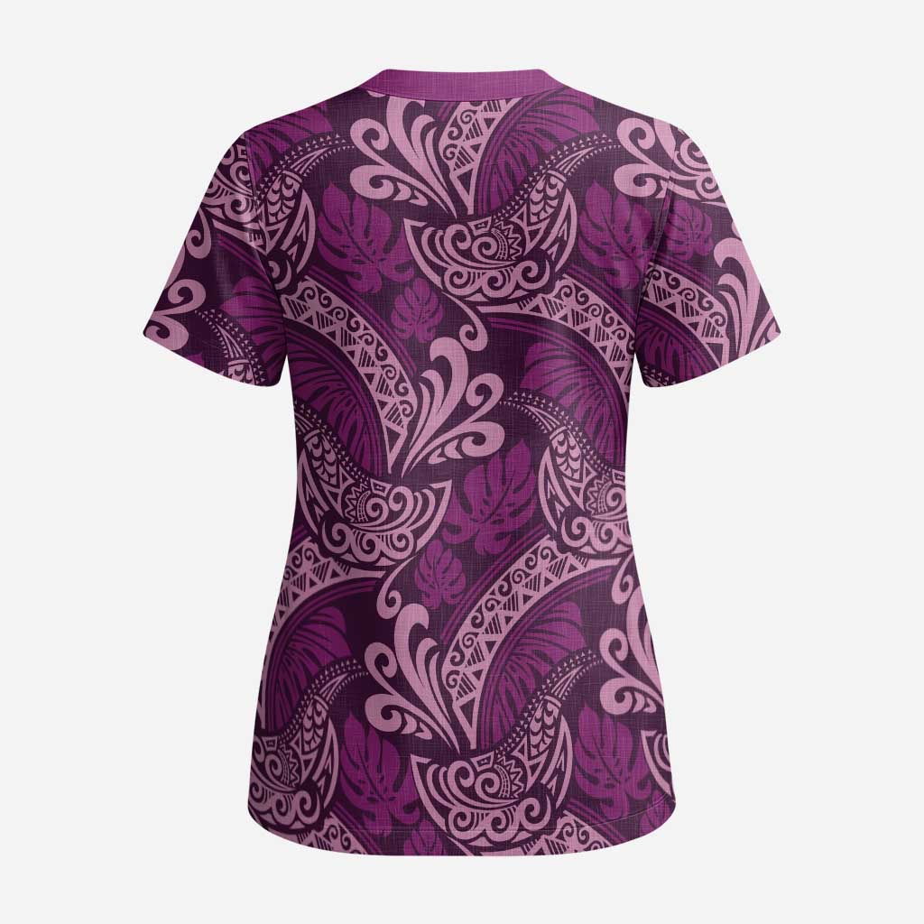 Royal Purple Monstera Scrub Top Polynesian Tribal Pattern - Polynesian Pride