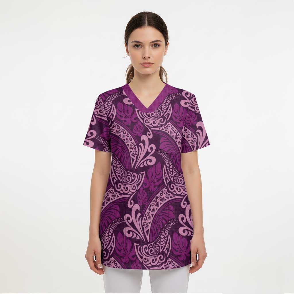 Royal Purple Monstera Scrub Top Polynesian Tribal Pattern - Polynesian Pride