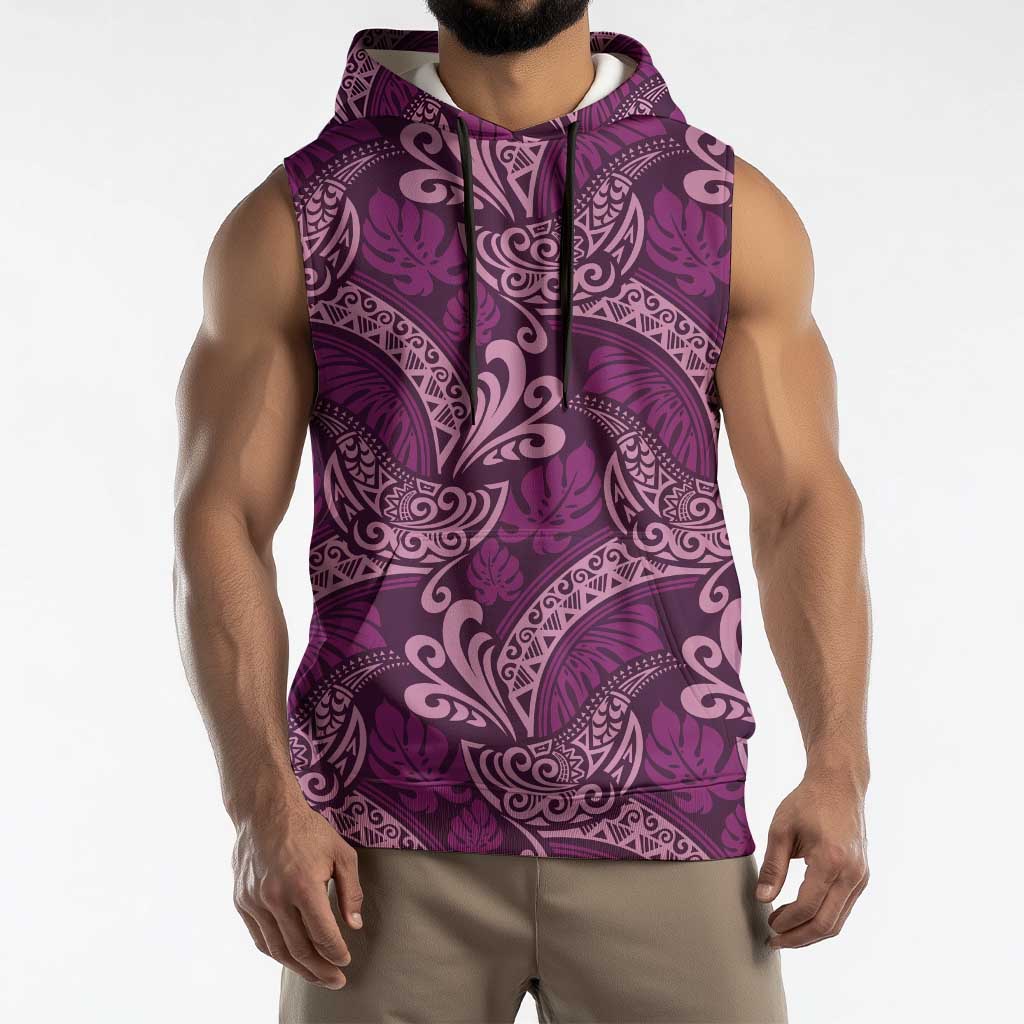 Royal Purple Monstera Sleeveless Hoodie Polynesian Tribal Pattern - Polynesian Pride