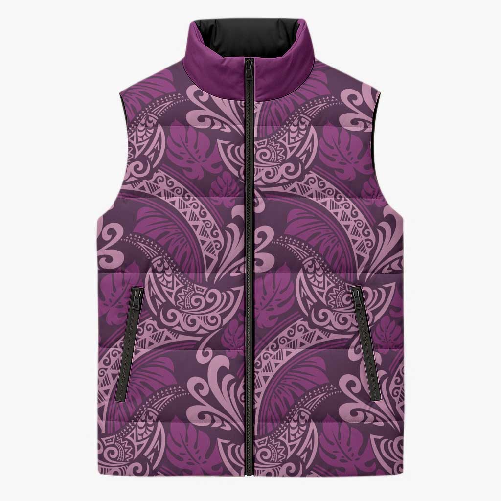 Royal Purple Monstera Sleeveless Puffer Jacket Polynesian Tribal Pattern - Polynesian Pride