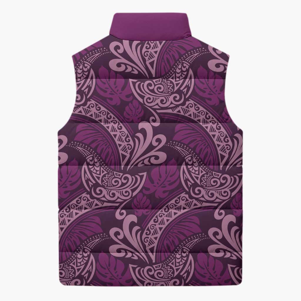 Royal Purple Monstera Sleeveless Puffer Jacket Polynesian Tribal Pattern - Polynesian Pride