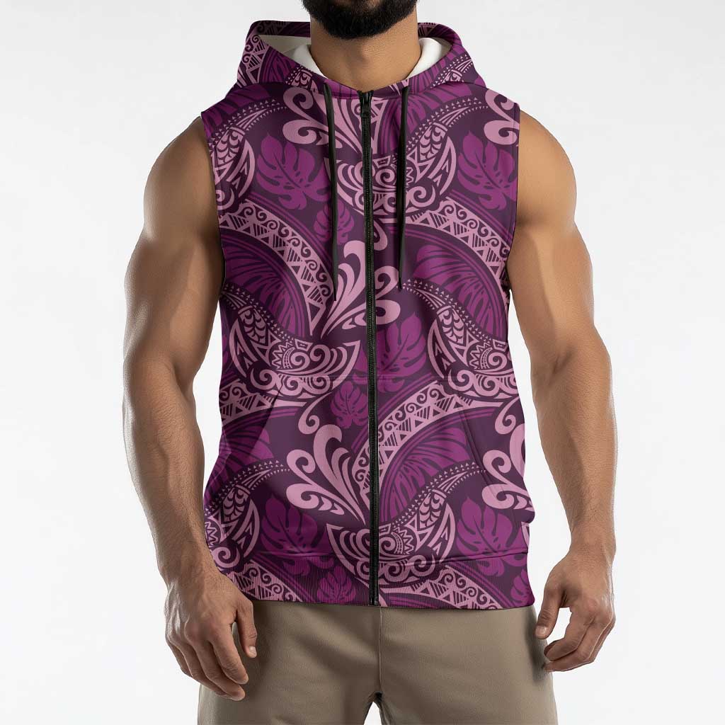 Royal Purple Monstera Sleeveless Zip Hoodie Polynesian Tribal Pattern - Polynesian Pride