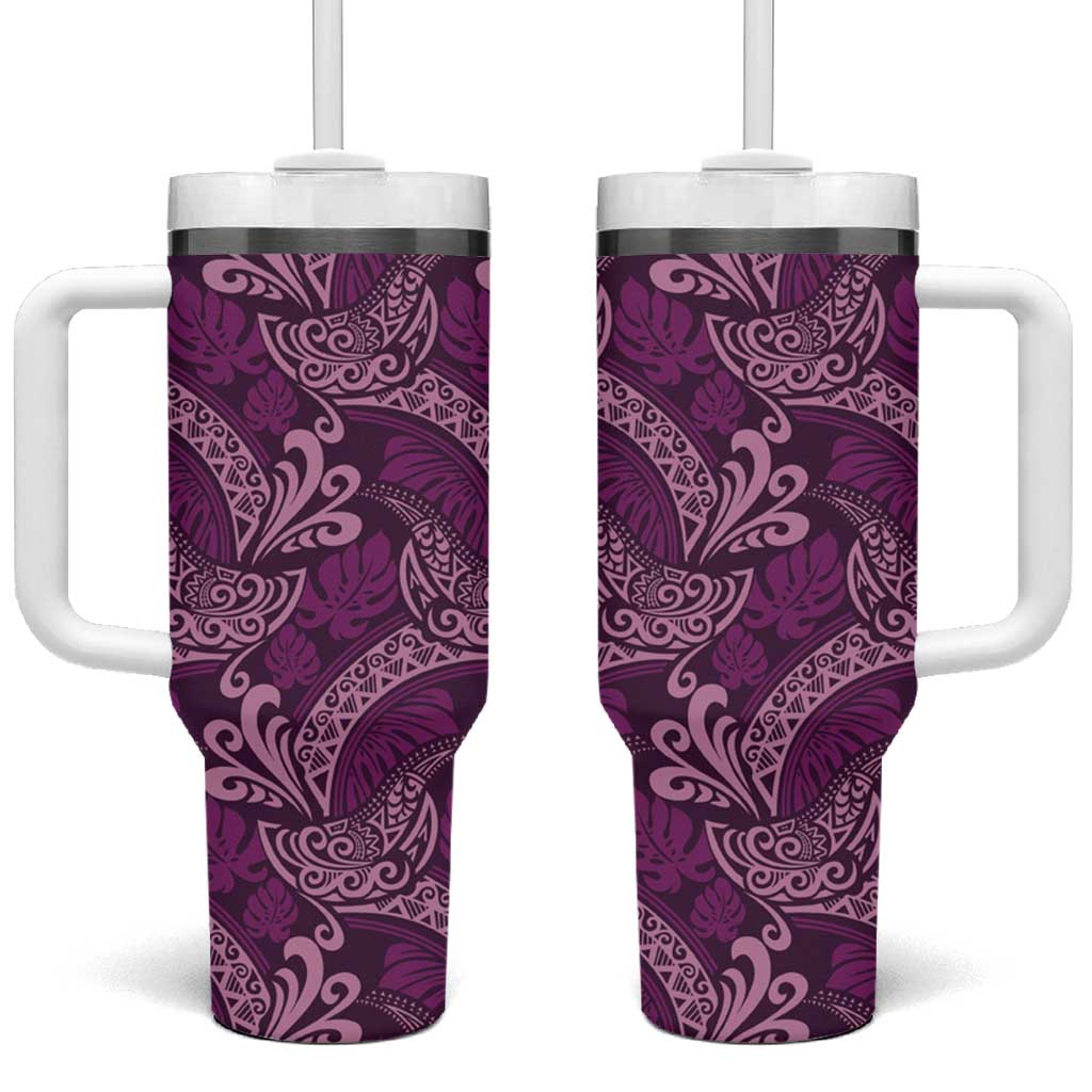 Royal Purple Monstera Tumbler With Handle Polynesian Tribal Pattern - Polynesian Pride